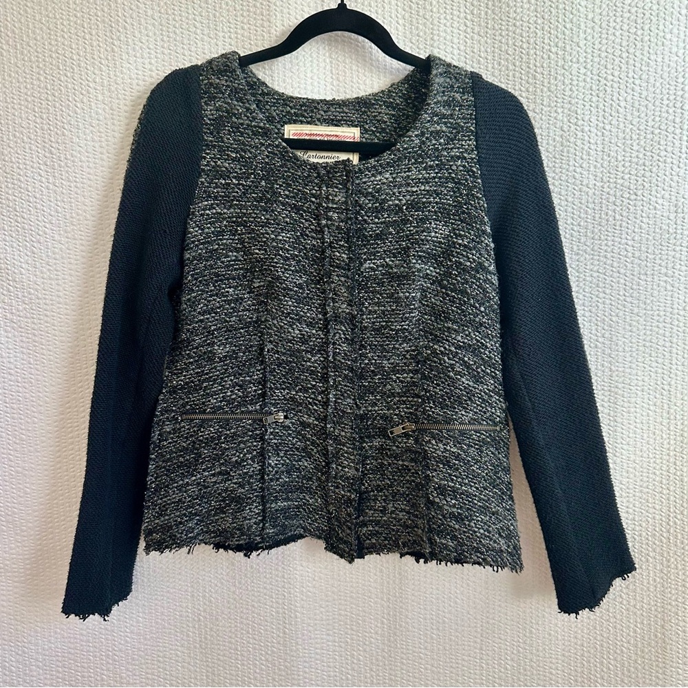 CARTONNIER Anthropologie Gray Black Tweed Knit Jacket Blazer Size Medium